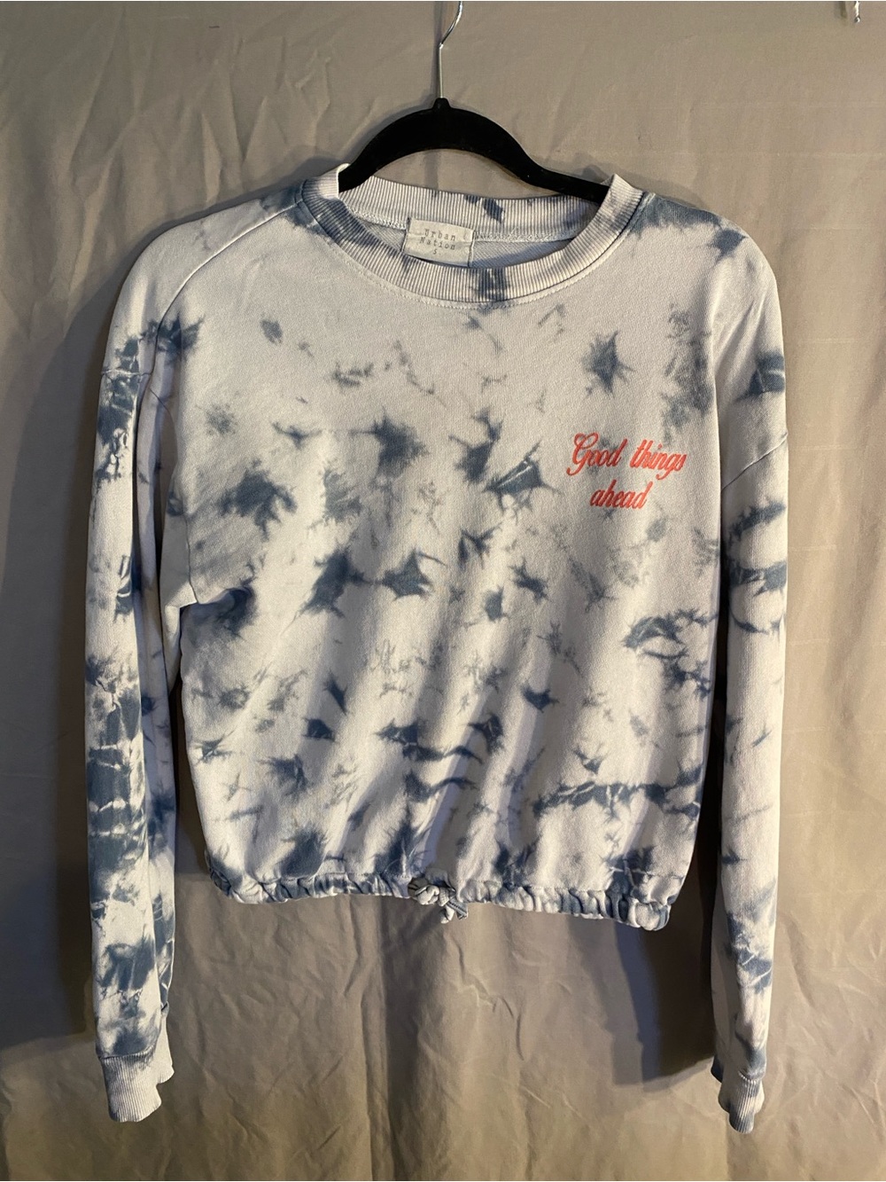 Tie-Dye Blue Crewneck Sweater with Coral 'Good things ahead' Embroidery